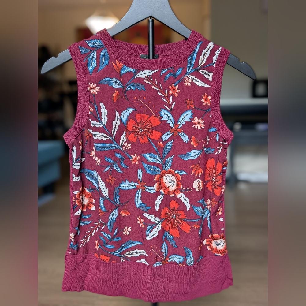 Ann Taylor Factory Floral Burgundy Shell Top, XS